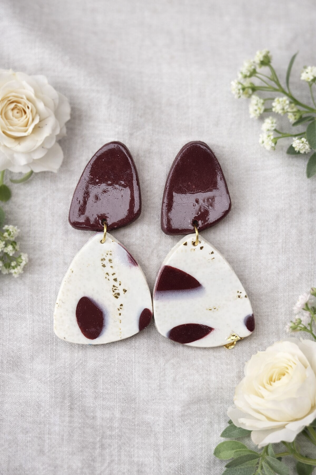 Handcrafted Polymer Clay Merlot & Ivory Dangle Earrings