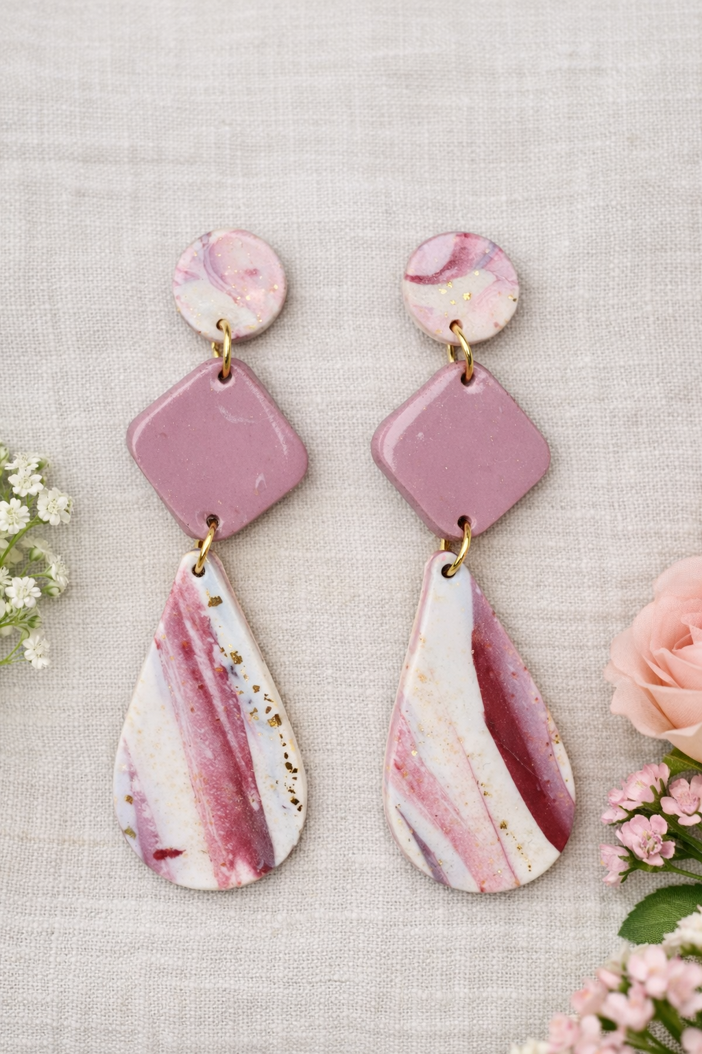 Handcrafted Polymer Clay Pink Quartz Tiered Dangle Earrings