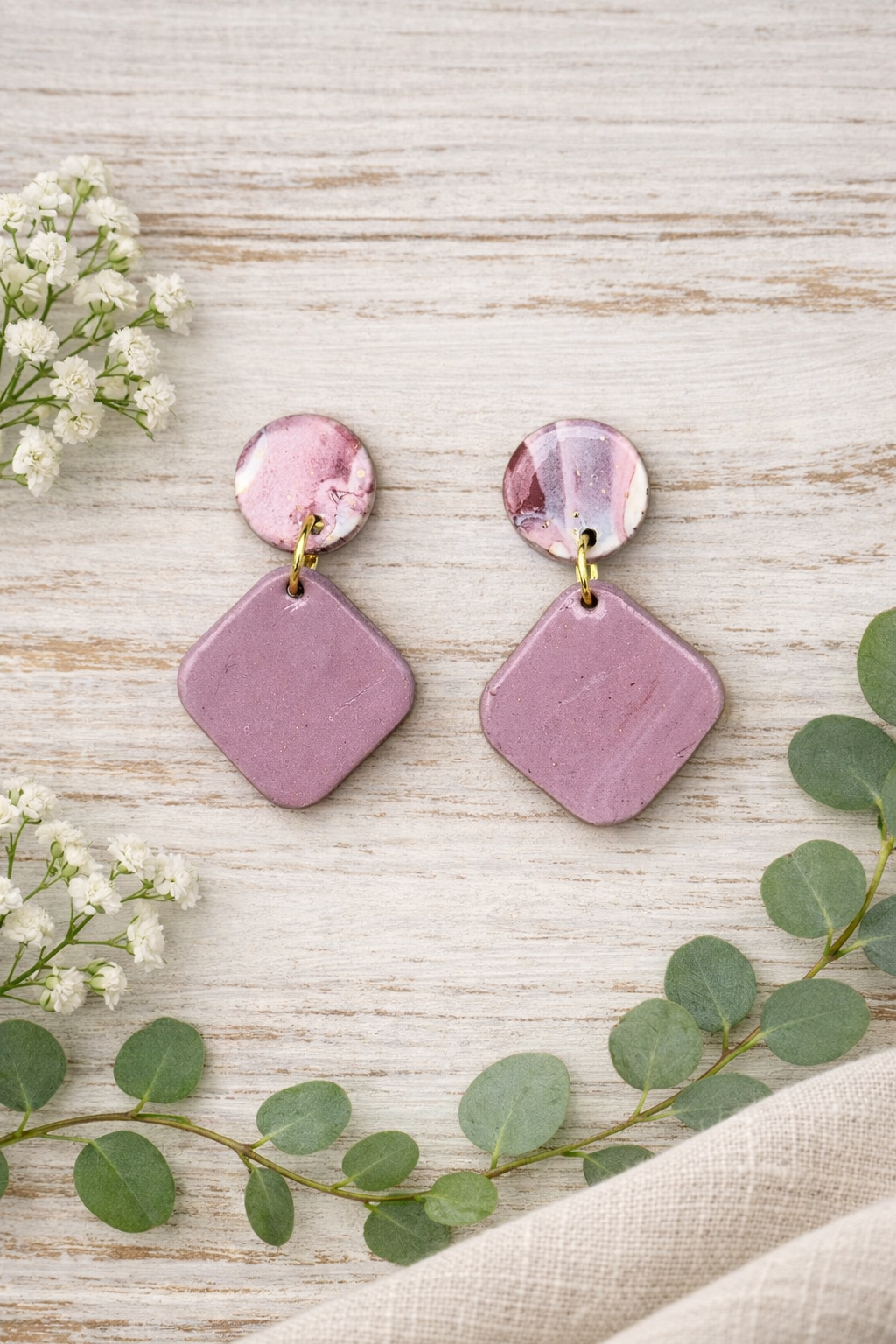 Handcrafted Polymer Clay Blush Diamond Dangle Earrings