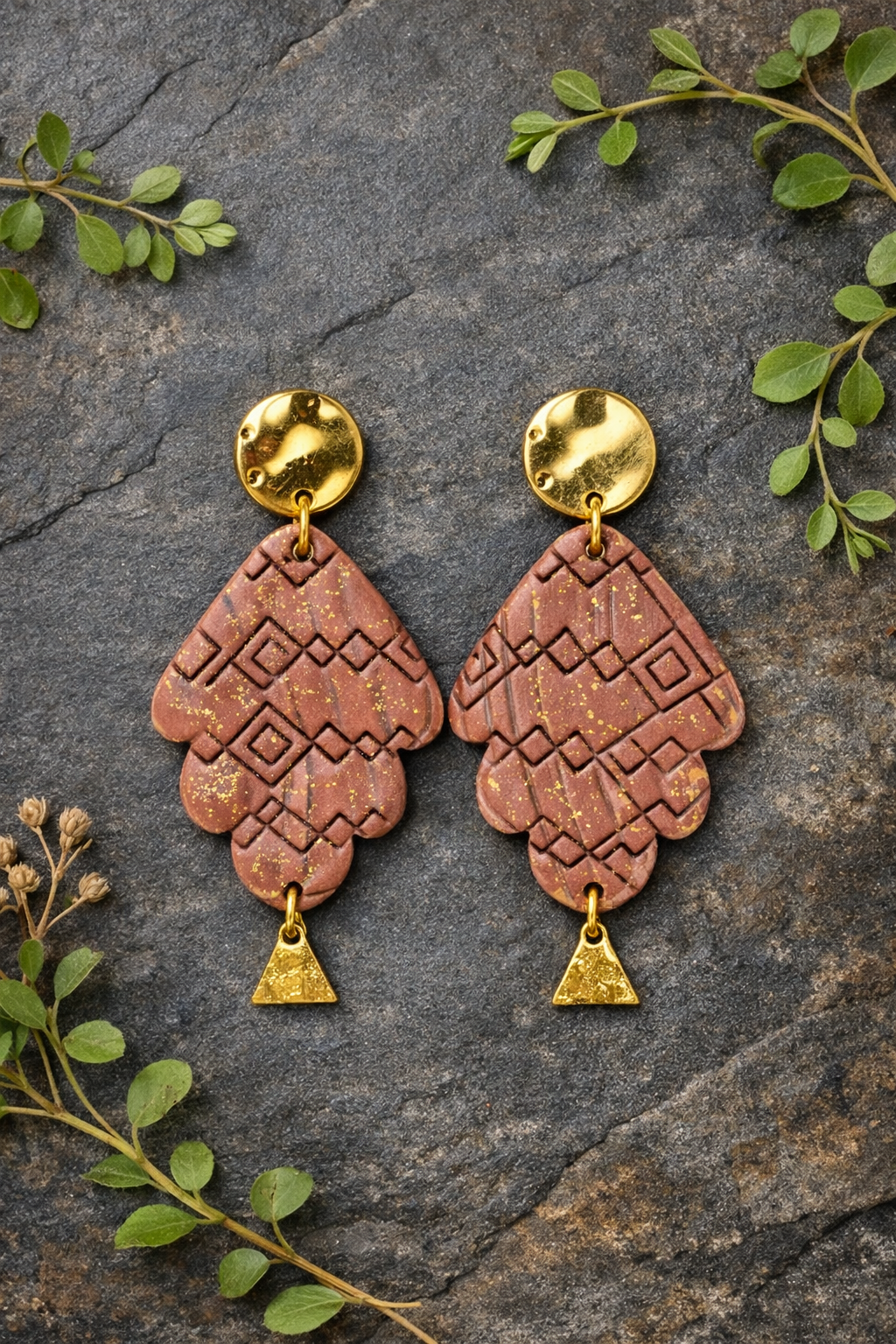 Handcrafted Polymer Clay Ornate Leaf Dangle Earrings