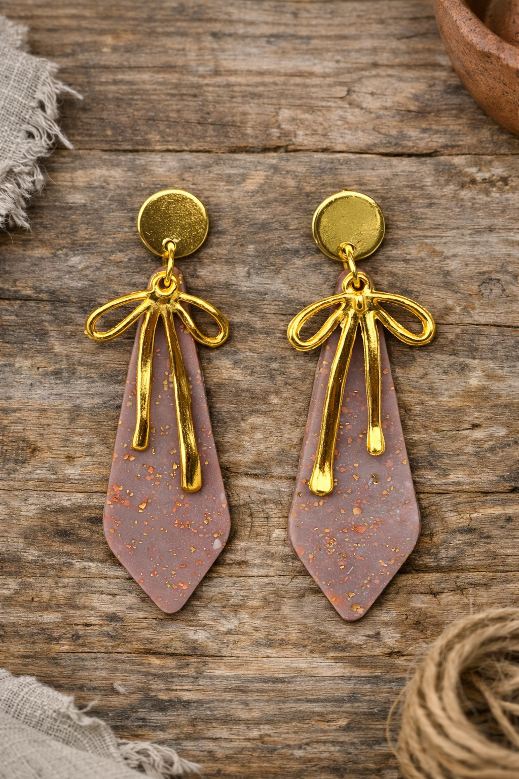 Handcrafted Polymer Clay Earthy Bow Dangle Earrings