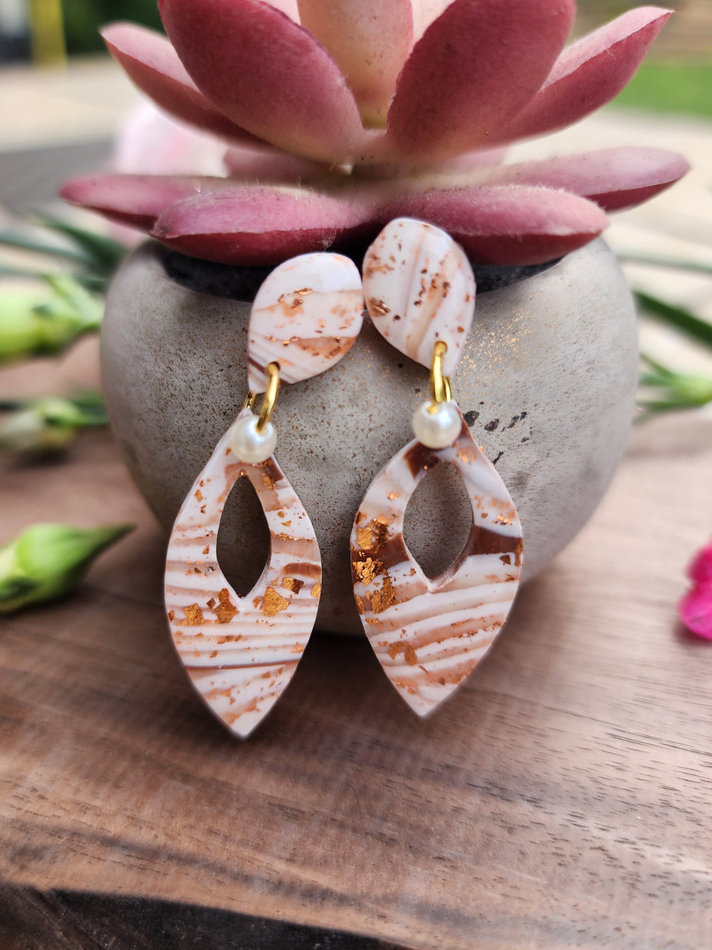 Golden Drift Marbled Leaf Earrings