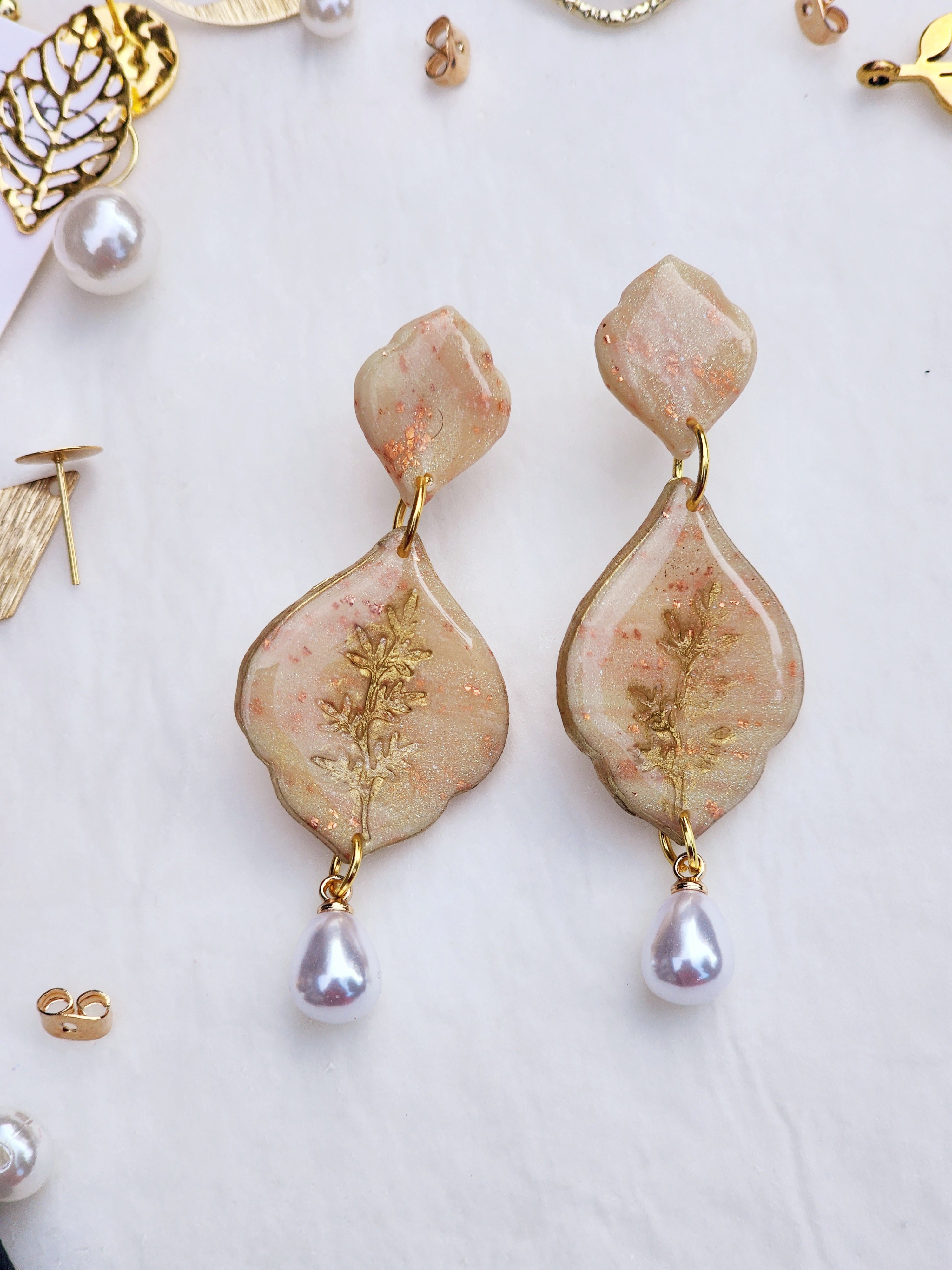 Golden Petal Pearl Earrings