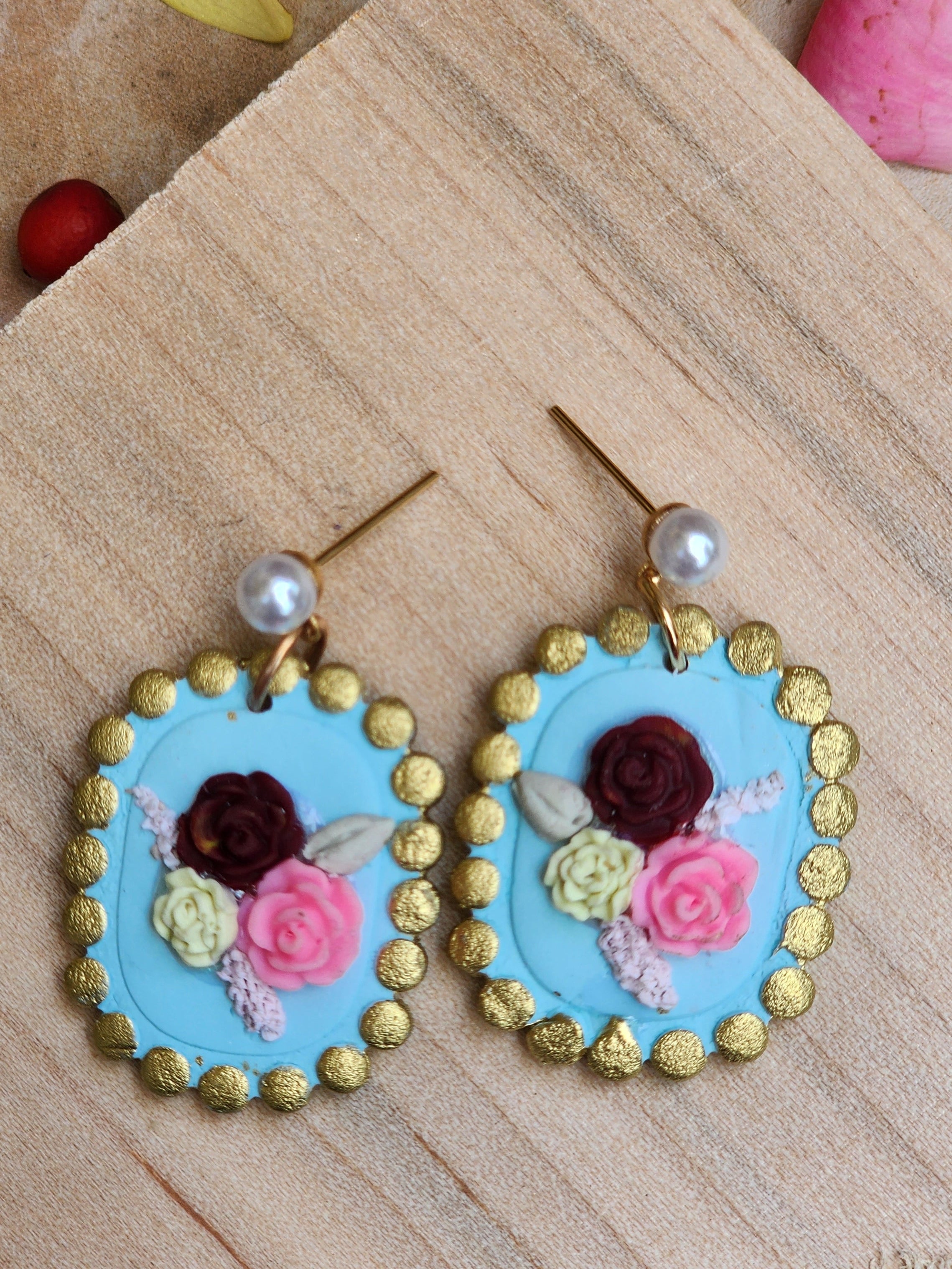 Blue Oval Blossom Earrings