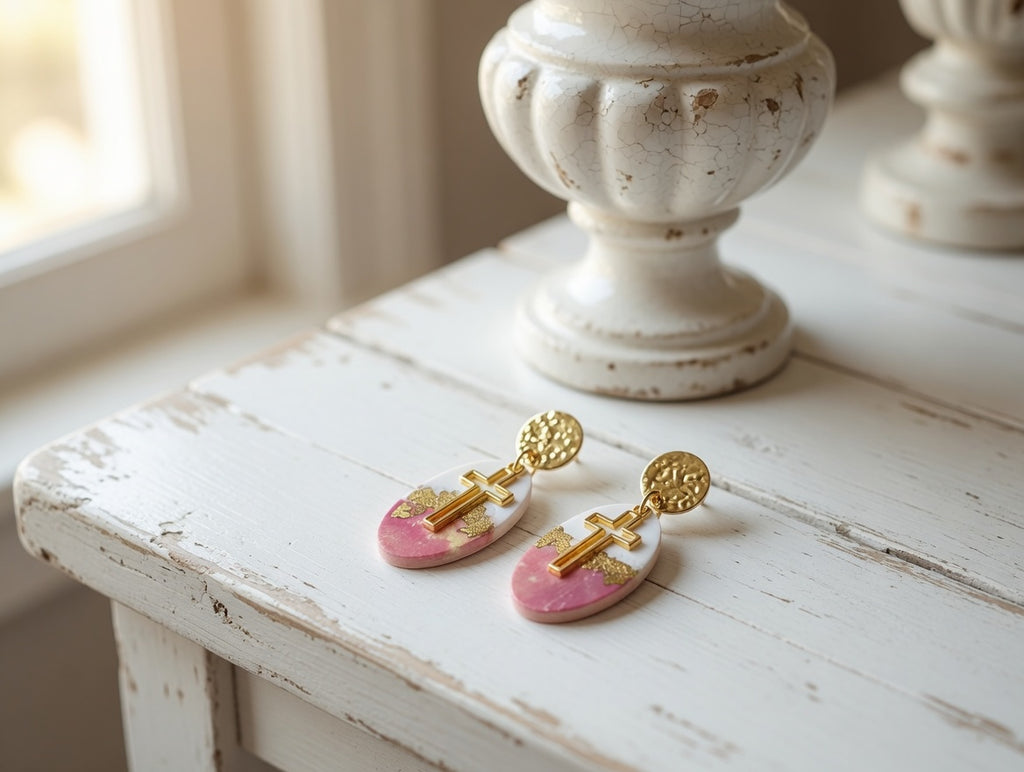 Handcrafted Polymer Clay Cross Dangle Earrings