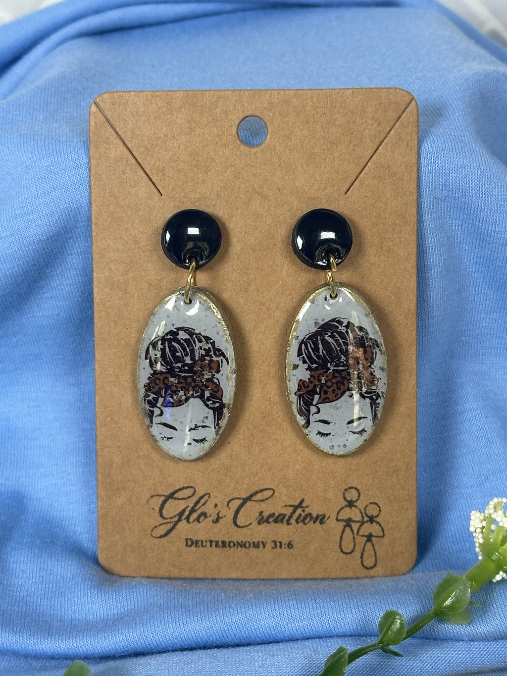 Handcrafted Polymer Clay Messy Bun Dangle Earrings — Front