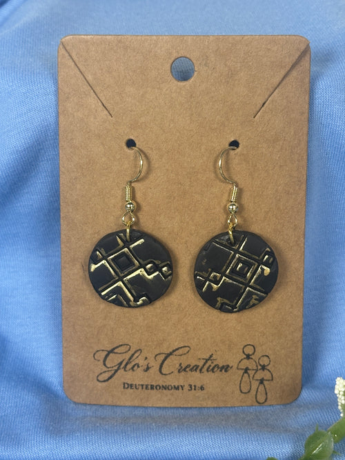 Handcrafted Polymer Clay Black & Gold Circle Dangle Earrings