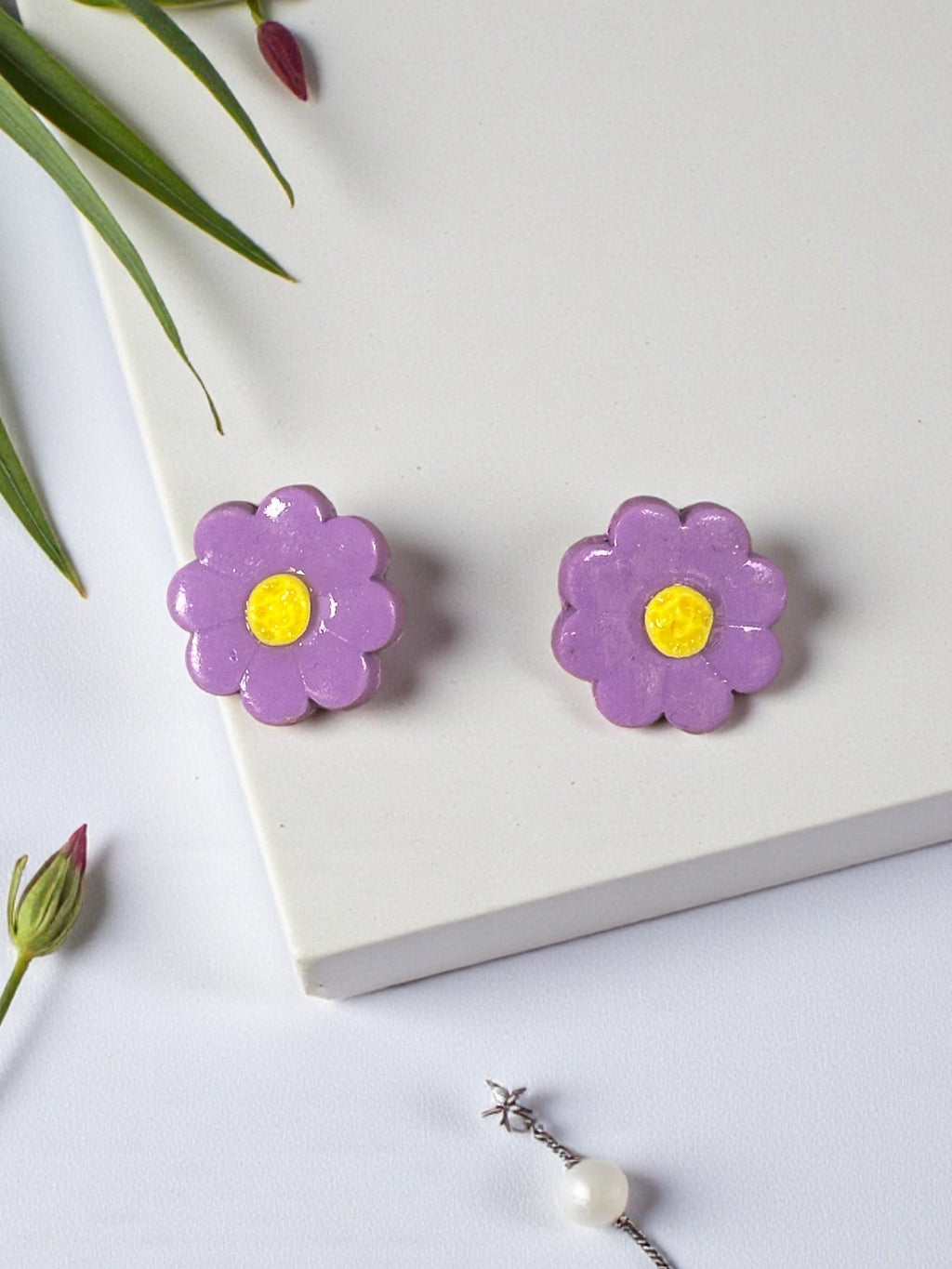 Handcrafted Polymer Clay Purple Flower Stud Earrings
