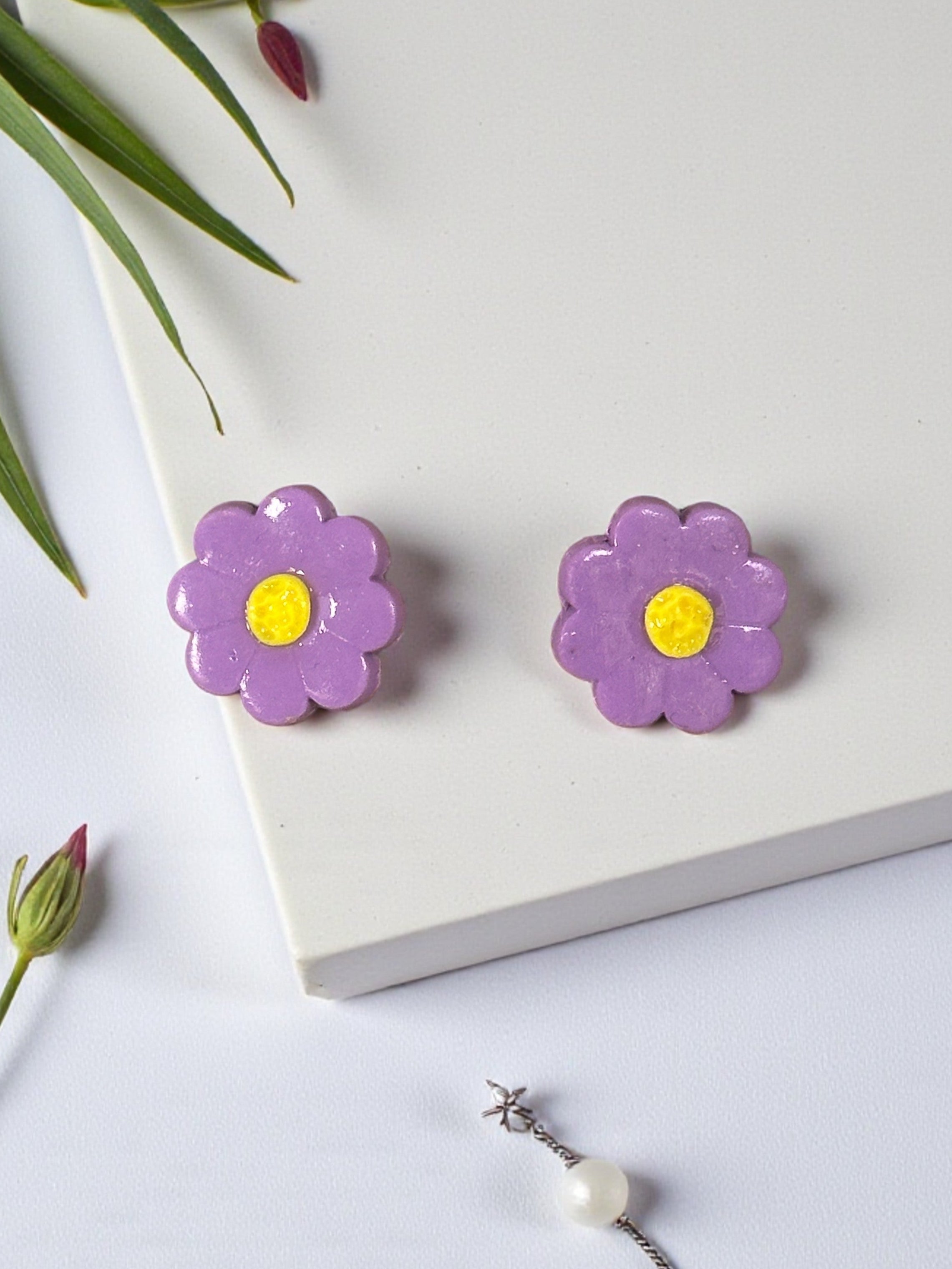 Handcrafted Polymer Clay Purple Flower Stud Earrings