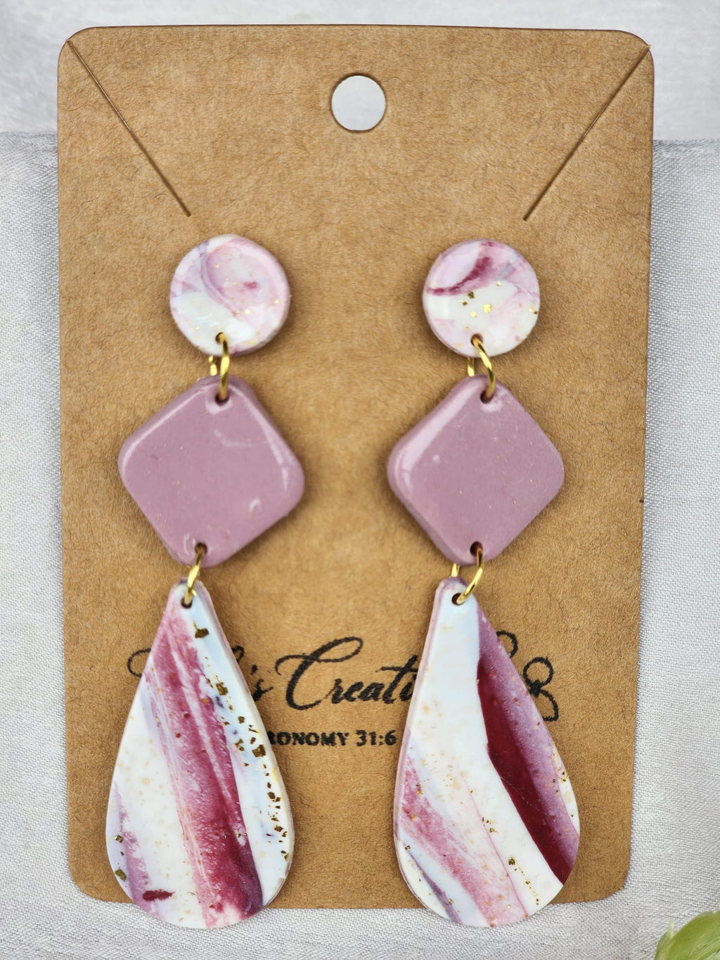 Handcrafted Polymer Clay Pink Quartz Tiered Dangle Earrings