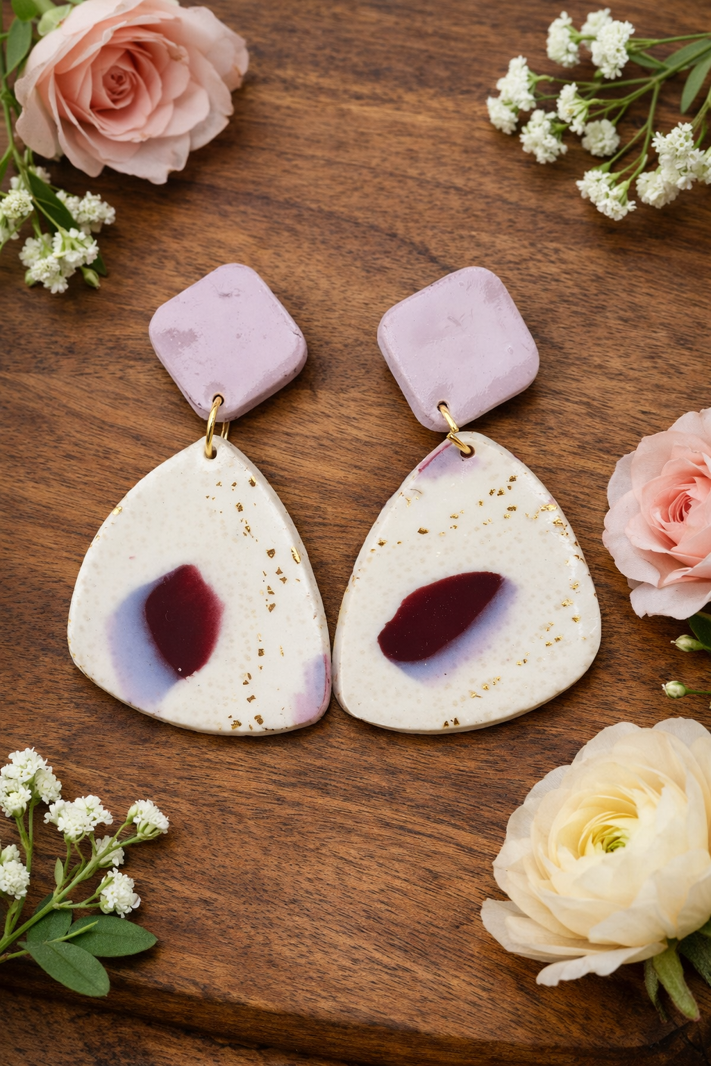 Handcrafted Polymer Clay Blush & Burgundy Dangle Earrings