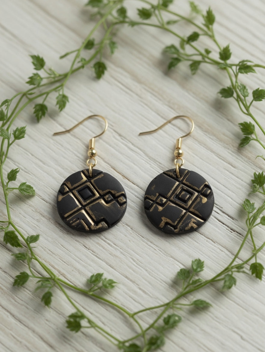 Handcrafted Polymer Clay Black & Gold Circle Dangle Earrings